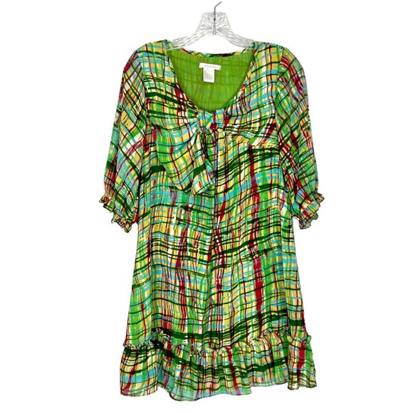 KindLikeLove Womans Green Abstract Plaid Mini Shift Dress Bow Ruffle size Small - Picture 1 of 10